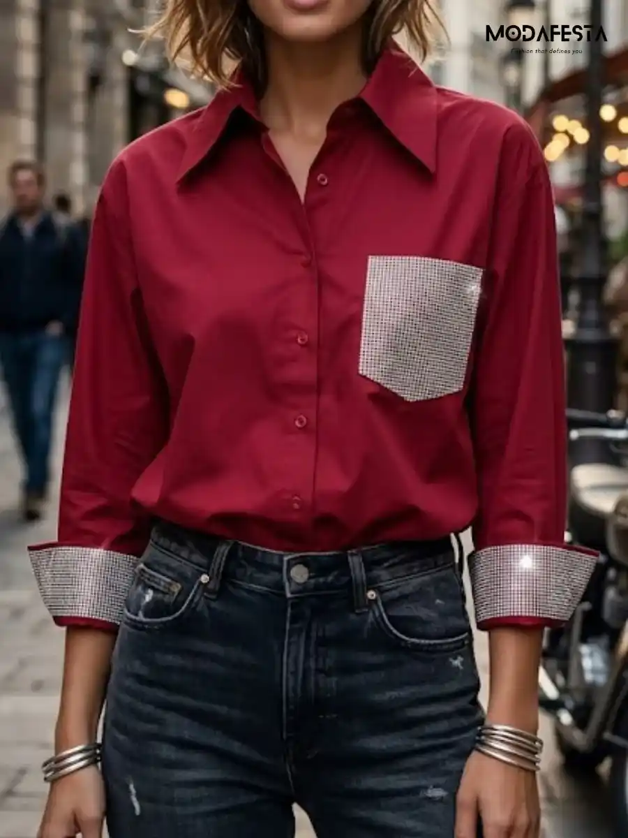 ModaFesta -elegant shirt-sequence-on-pocket-and-cuff-red